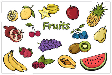 Color set of Hand-drawn fruits and berries in line style. Vector illustration. Kiwi, pear, grape, banana, strawberry, watermelon, cherry, raspberries, pineapple, carambola, papaya, lemon, apple
