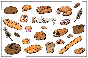 Color set of hand-drawn bread and bakery in line style. Vector illustration. Pretzel, croissant, bagel, baguette, bun, cake, poppy roll, cookie, biscuit, strudel, cupcake, muffin, donut