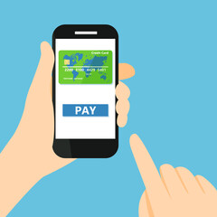 Hand holding a mobile phone to pay with credit card cartoon vector illustration
