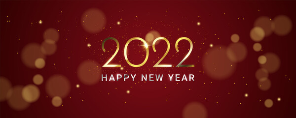 Luxury 2022 Happy New Year background. Blurry glitter particles on black background. Holiday vector illustration. Golden metallic numbers 2022 with shining snowflake and sparkling glitters.