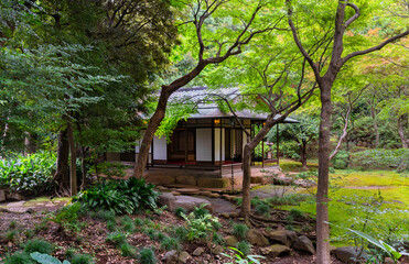 Fototapeta na wymiar Traditional Irimoya architecture of the Japanese chashitsu teahouse in the Tokyo Metropolitan Park of Kyū-Furukawa Gardens designed by garden architect Ogawa Jihei VII.