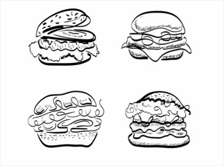 Hand-drawn hamburger isolated on white. Element for fast food menu. Vector object.