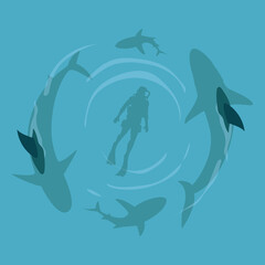 Shark and scuba diver on top view cartoon vector illustration