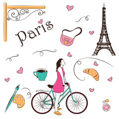 Woman on bicycle with France elements, Paris sketch hand drawn abstract cartoon vector illustration
