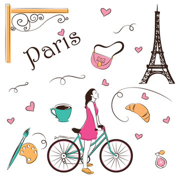 Woman on bicycle with France elements, Paris sketch hand drawn abstract cartoon vector illustration