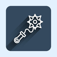 White line Medieval chained mace ball icon isolated with long shadow background. Morgenstern medieval weapon or mace with spikes. Blue square button. Vector