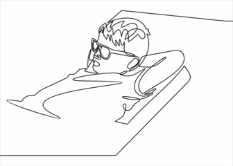 Happy child in sunglasses on beach. Summer vacation concept.continuous line drawing