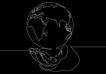 Continuous one line drawing. hand holding Earth globe.
