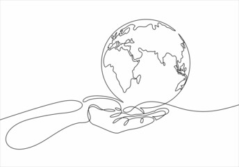 Continuous one line drawing. hand holding Earth globe.