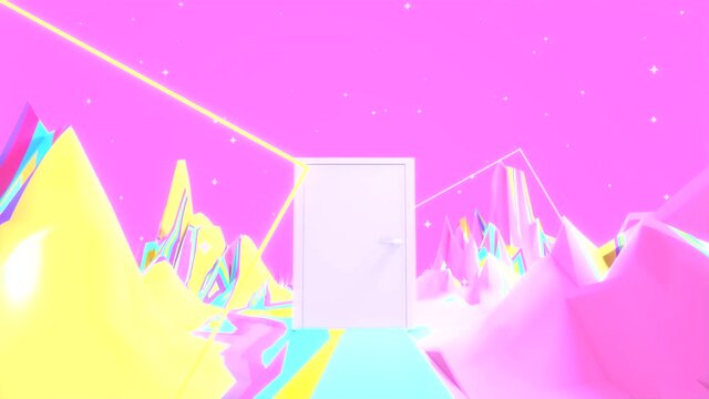 Looped rainbow terrain with glowing square tubes and mysterious doors animation.