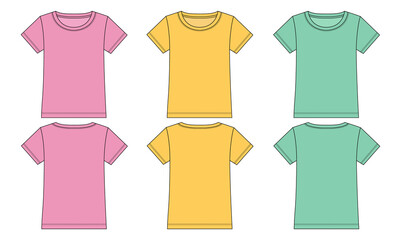 Multi color Basic T shirt For Ladies. Pink, Yellow, Green Color Apparel T shirt Technical fashion flat sketch vector template front and  back views isolated on white background.