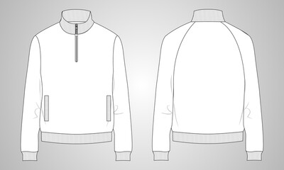 Long sleeve with Short zip fleece jacket overall technical fashion Flat sketch Vector illustration template Front, back views. Apparel Sweater Jacket mock up CAD. Easy edit and customizable. © ClothingArtStudio 