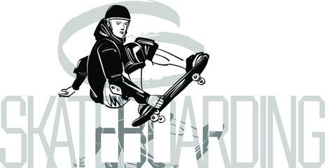 the vector sketch of the teenager doing skateboarding trick element on the skateboard 