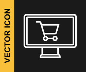 White line Shopping cart on monitor icon isolated on black background. Concept e-commerce, e-business, online business marketing. Vector