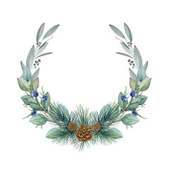 Eucalyptus, pine, juniper wreath. Watercolor illustration. Natural organic herbs mixed in elegant winter floral decor. Hand drawn eucalyptus and pine branch, cone with juniper in winter round frame