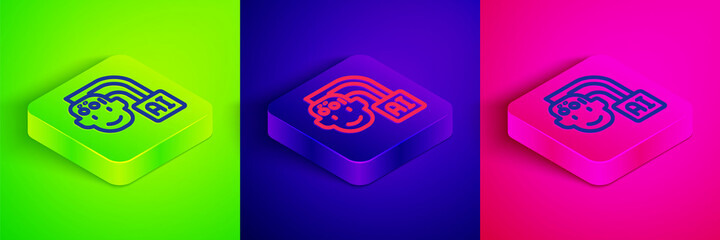 Isometric line Humanoid robot icon isolated on green, blue and pink background. Artificial intelligence, machine learning, cloud computing. Square button. Vector