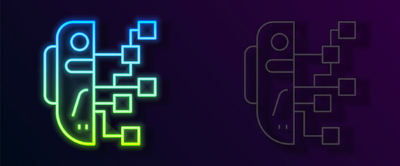 Glowing neon line Humanoid robot icon isolated on black background. Artificial intelligence, machine learning, cloud computing. Vector