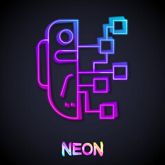 Glowing neon line Humanoid robot icon isolated on black background. Artificial intelligence, machine learning, cloud computing. Vector