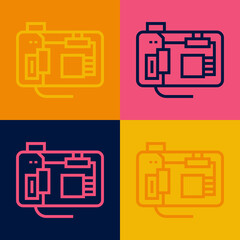 Pop art line Electronic computer components motherboard digital chip integrated science icon isolated on color background. Circuit board. Vector