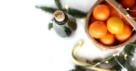 wine cork with a four-digit number in a bottle on a blurred background of a festive table top view. opening soon 2022