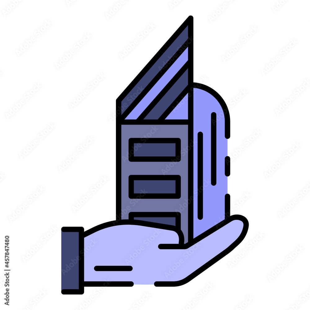 Poster building in hand icon. outline building in hand vector icon color flat isolated