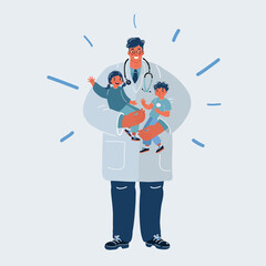 Vector illustration of Caring for the health of the child. The pediatrician with kids