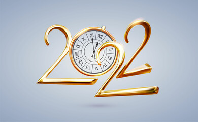 Happy 2022 New Year Elegant Christmas congratulation with 3D realistic gold metal text