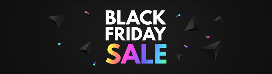 Fototapeta na wymiar Black Friday Sale poster template. Super offer. 3D triangles and neon rainbow gradient effect