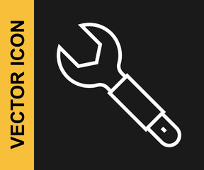 White line Wrench spanner icon isolated on black background. Spanner repair tool. Service tool symbol. Vector