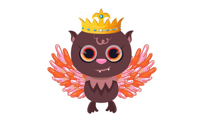 A cute cartoon bird character with its beautiful wings and crown, vector illustration on white background