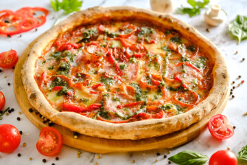 Appetizing, fresh pizza is on the table. Food from an Italian restaurant. Cooking pizza. Pizza ingredients.