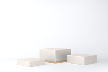 Gold square pedestal or podium on white background for product demonstration.  3D rendering.