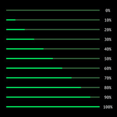 Horizontal progress bars, percentage indicators or charts set, from 0 to 100 percent, dark UI. Bright neon green on black. Flat design elements. Vector illustration, no transparency, no gradients