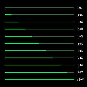 Horizontal progress bars, percentage indicators or charts set, from 0 to 100 percent, dark UI. Bright neon green on black. Flat design elements. Vector illustration, no transparency, no gradients