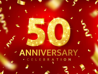 Anniversary 50 year red card. Birthday glitter number decor. Celebration poster. Golden confetti ribbon banner. Luxury gold background. Invitation booklet. Premium design element. Vector illustration