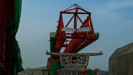 Fototapeta na wymiar Beam Launcher Gantry crane for railway bridge on site construction, Thailand.