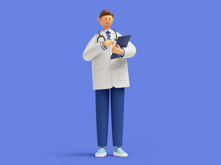 3d render, doctor cartoon character standing with finger pointing up, holding clipboard. Friendly professional therapist. Medical idea clip art isolated on blue background - obrazy, fototapety, plakaty
