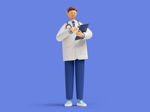 3d render, doctor cartoon character standing with finger pointing up, holding clipboard. Friendly professional therapist. Medical idea clip art isolated on blue background