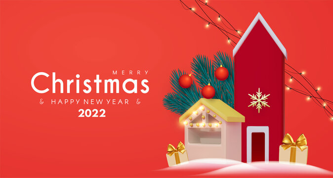 Merry Christmas and Happy New 2022 Year celebration with 3D cute house, market stall. fir tree branch and gift box.