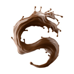 3d render, chocolate splash, cacao drink or coffee, splashing cooking ingredient. Abstract wavy liquid jet. Brown beverage clip art isolated on white background