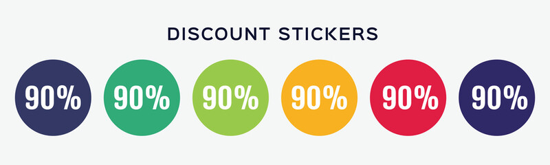 6 circles set with 90 percent icon in different colors. Vector illustration.