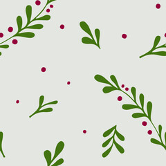 Winter seamless pattern. Christmas elements in traditional colors. Hand drawn branch with berries