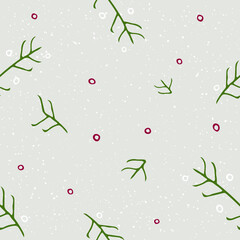 Winter seamless pattern. Christmas elements in traditional colors. Hand drawn branch with berries