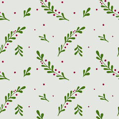 Winter seamless pattern. Christmas elements in traditional colors. Hand drawn branch with berries