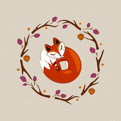 Cute cartoon fox sleeping cozy with wreath of branche