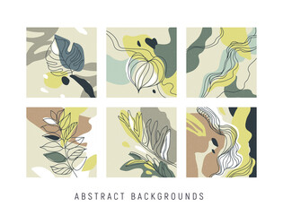 Abstract, artistic illustrations with plants, leaves. Minimalistic vector compositions in contemporary style. Editable clip art for calendar, cover, poster, cards. Nature colors. Theme of ecology. 