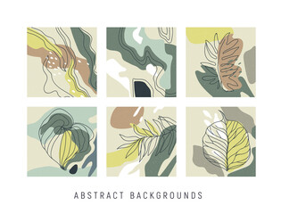 Abstract, artistic illustrations with plants, leaves. Minimalistic vector compositions in contemporary style. Editable clip art for calendar, cover, poster, cards. Nature colors. Theme of ecology. 