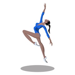 Fototapeta na wymiar Vector flexible african ballerina in sport bodysuit dress, jumping and dancing on pointe shoes. Female beautiful classic theater dancer character practising. Ballet artist illustration