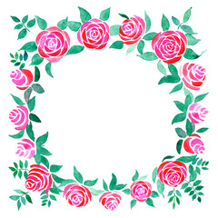 round frame of stylized watercolor images of red roses