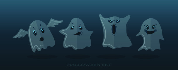  Ghost shadow funny. ghost sheet for halloween character design. Isolated vector illustration. Funny set  ghosts for Halloween. Happy Halloween, Ghost, Scary. Cute cartoon spooky character. 